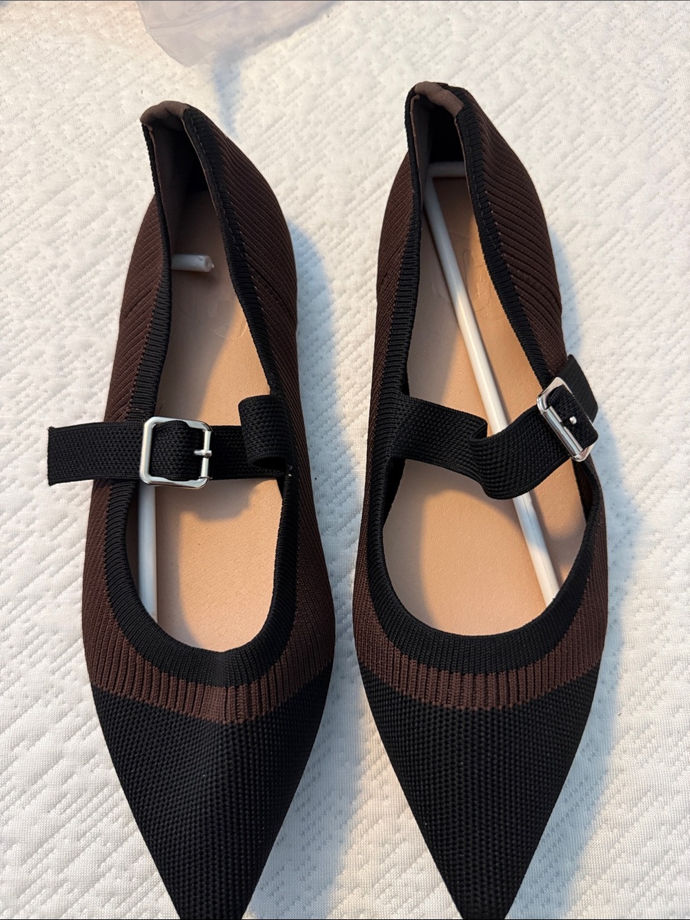 Pointed Knit Mary Jane Flats in Brown and Black with Buckle Strap 8.5